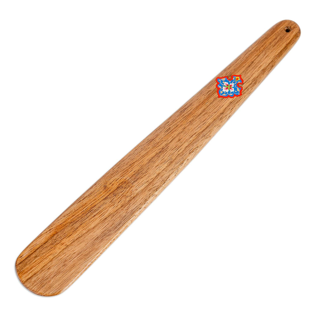 Hand-Carved Brown Walnut Wood Shoehorn with Floral Motif - Luxurious Instant