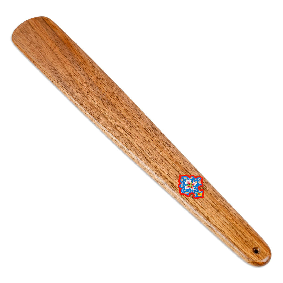 Hand-Carved Brown Walnut Wood Shoehorn with Floral Motif - Luxurious Instant