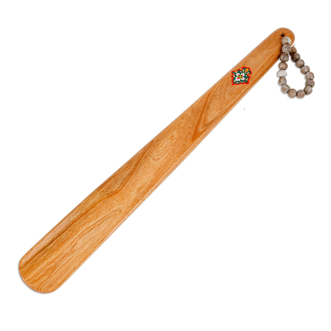 Hand-Carved Floral Cherry Wood Shoehorn with Beaded Loop - Classic & Luxurious Gait