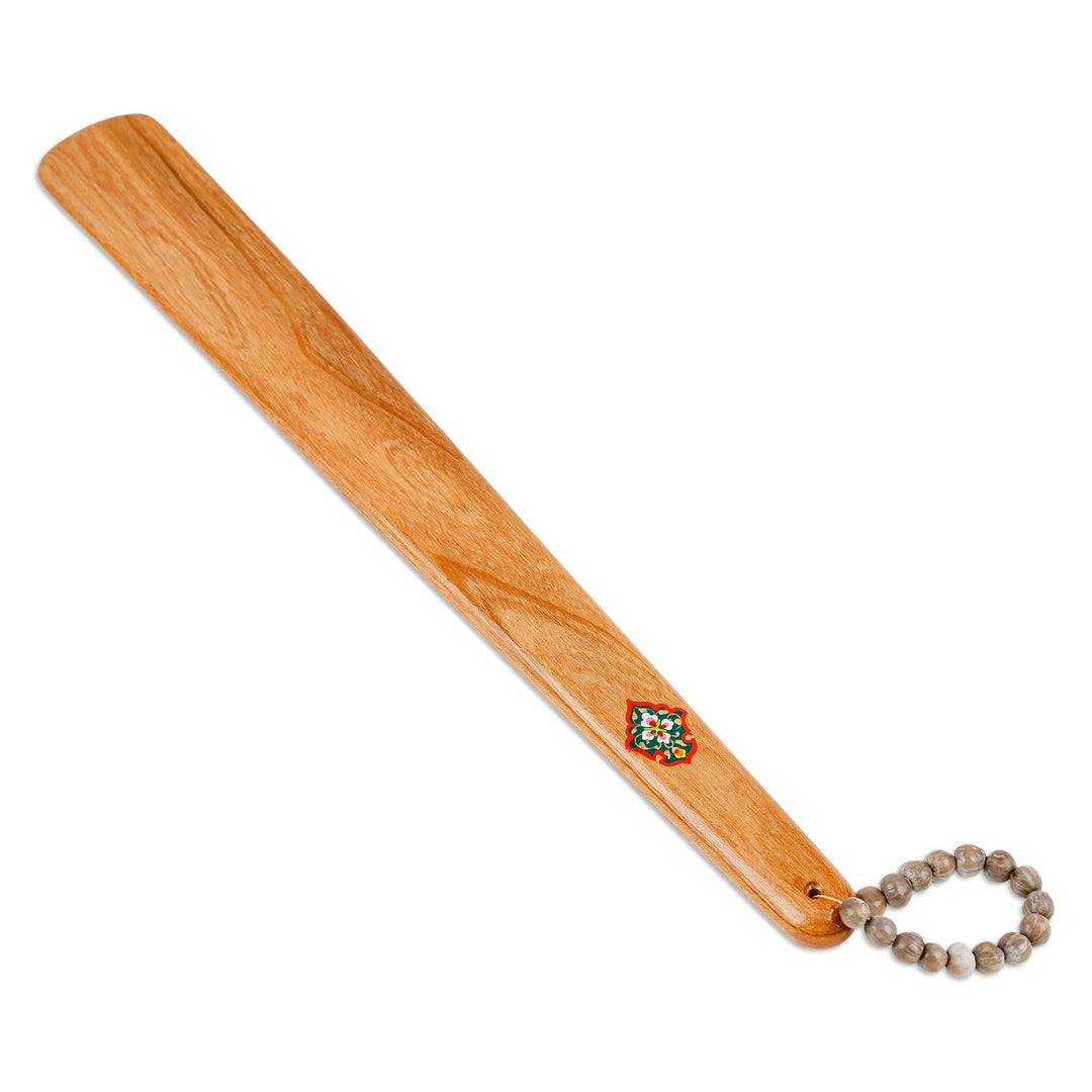 Hand-Carved Floral Cherry Wood Shoehorn with Beaded Loop - Classic & Luxurious Gait