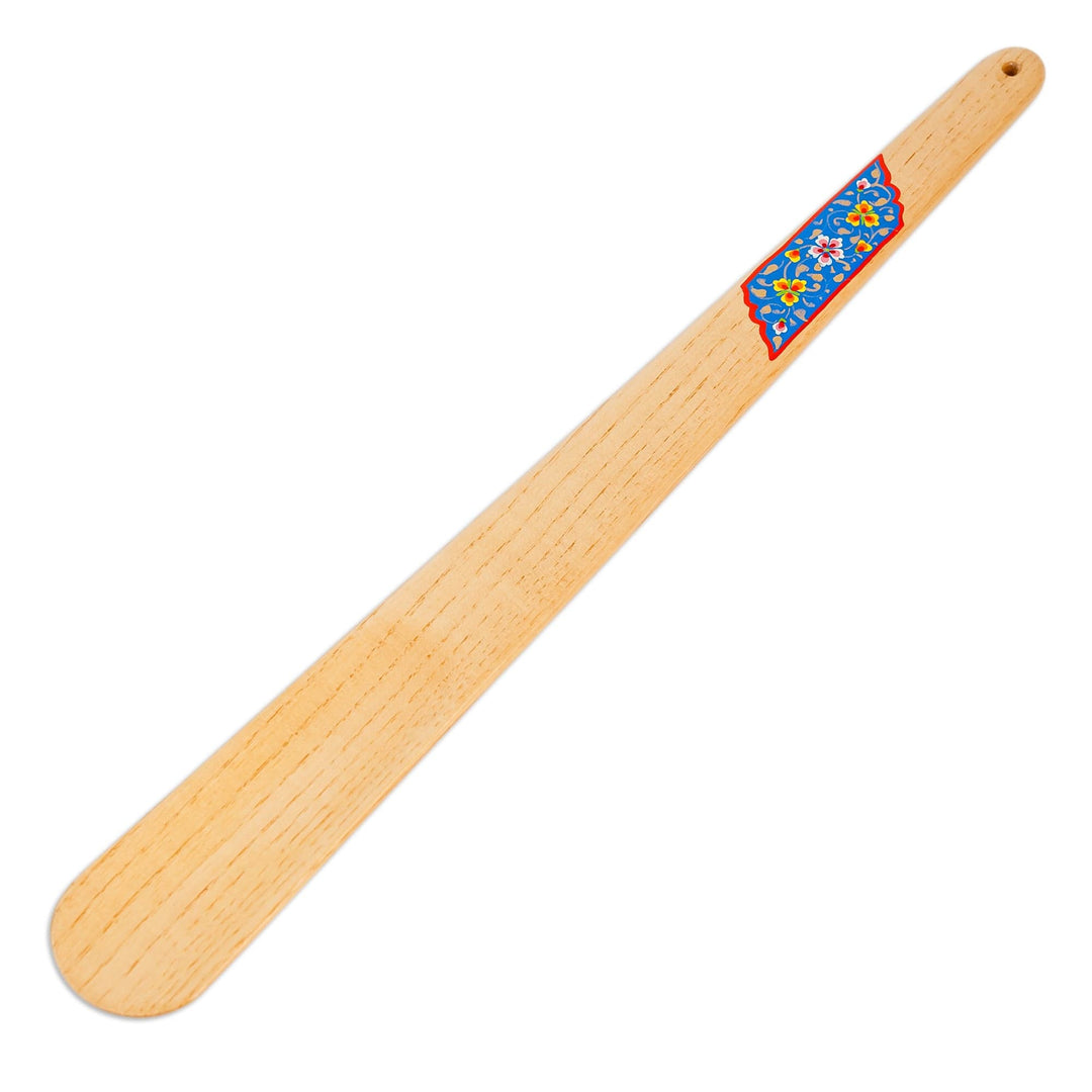 Hand-Carved Ash Tree Wood Shoehorn with Blue Floral Detail - Noble Helper