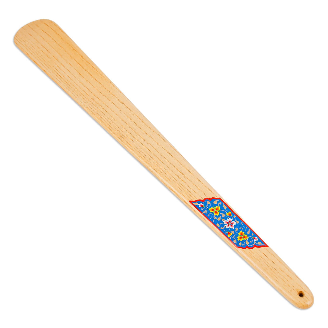 Hand-Carved Ash Tree Wood Shoehorn with Blue Floral Detail - Noble Helper