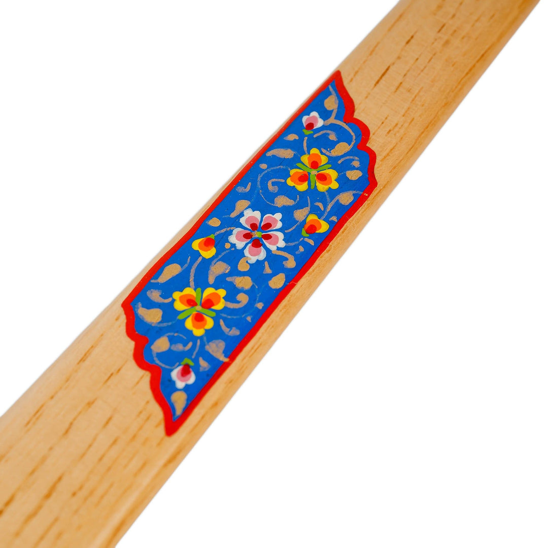 Hand-Carved Ash Tree Wood Shoehorn with Blue Floral Detail - Noble Helper