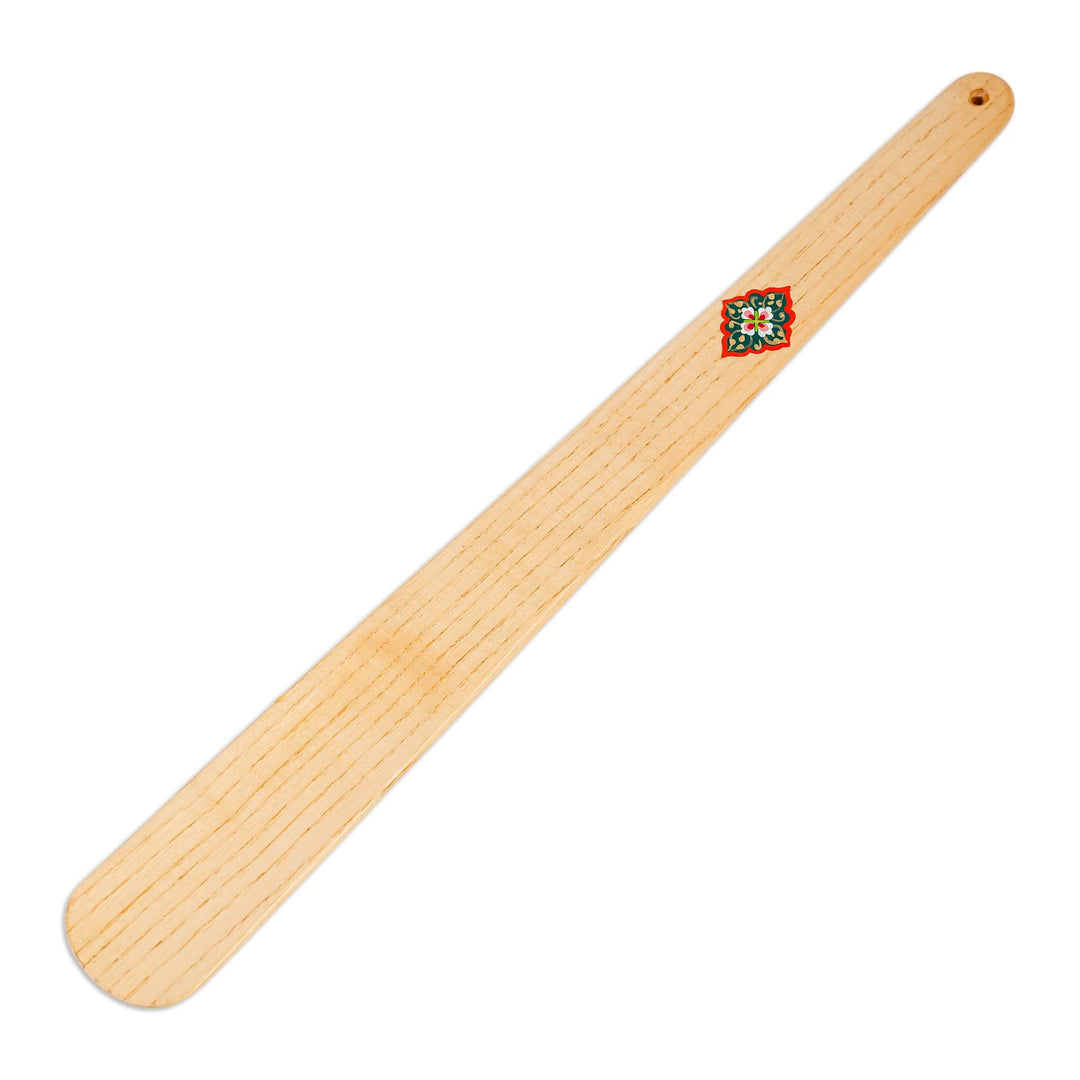 Hand-Carved Ash Tree Wood Shoehorn with Green Floral Detail - Majestic Helper