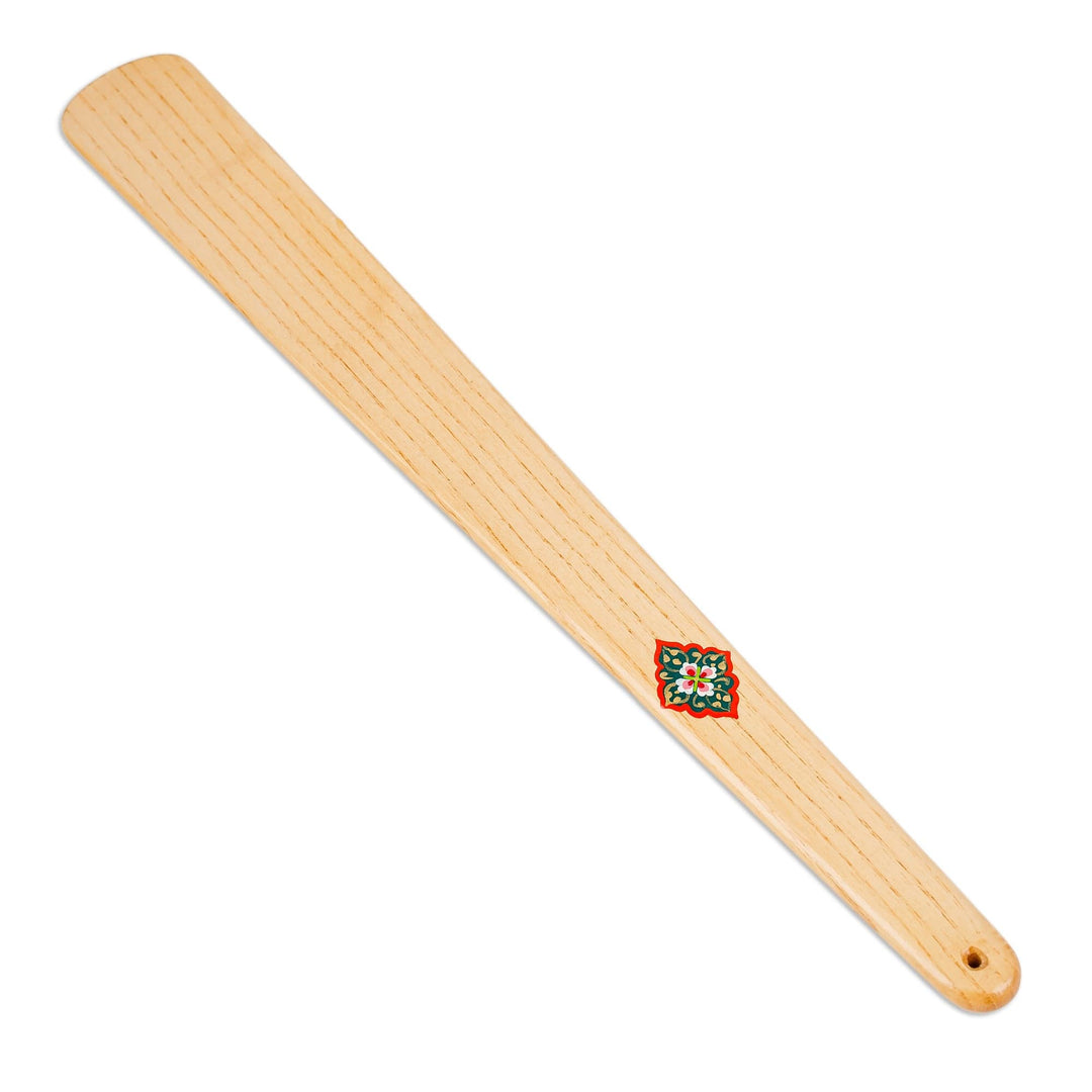 Hand-Carved Ash Tree Wood Shoehorn with Green Floral Detail - Majestic Helper