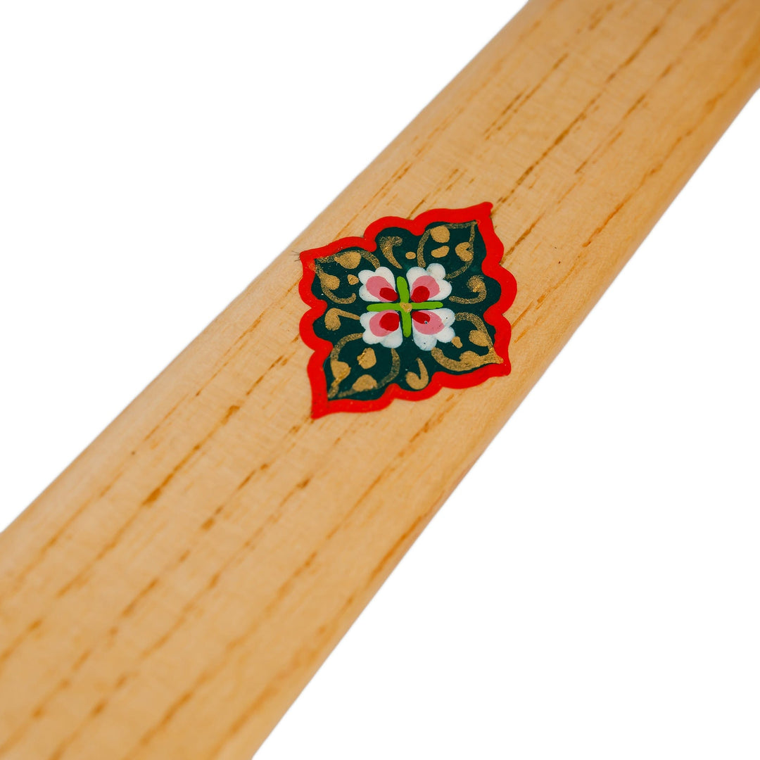 Hand-Carved Ash Tree Wood Shoehorn with Green Floral Detail - Majestic Helper