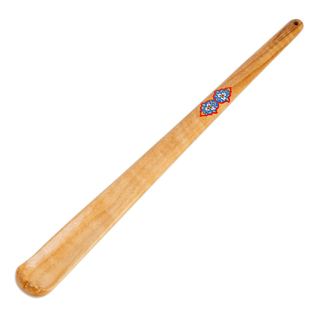 Handcrafted Walnut Wood Shoehorn with Blue and Red Details - Convenient Tradition