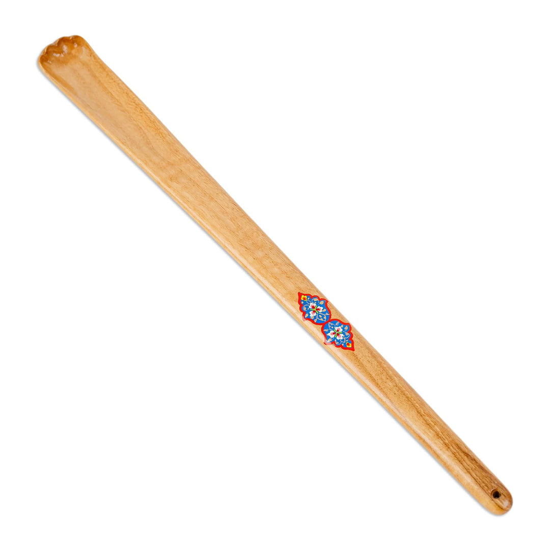 Handcrafted Walnut Wood Shoehorn with Blue and Red Details - Convenient Tradition