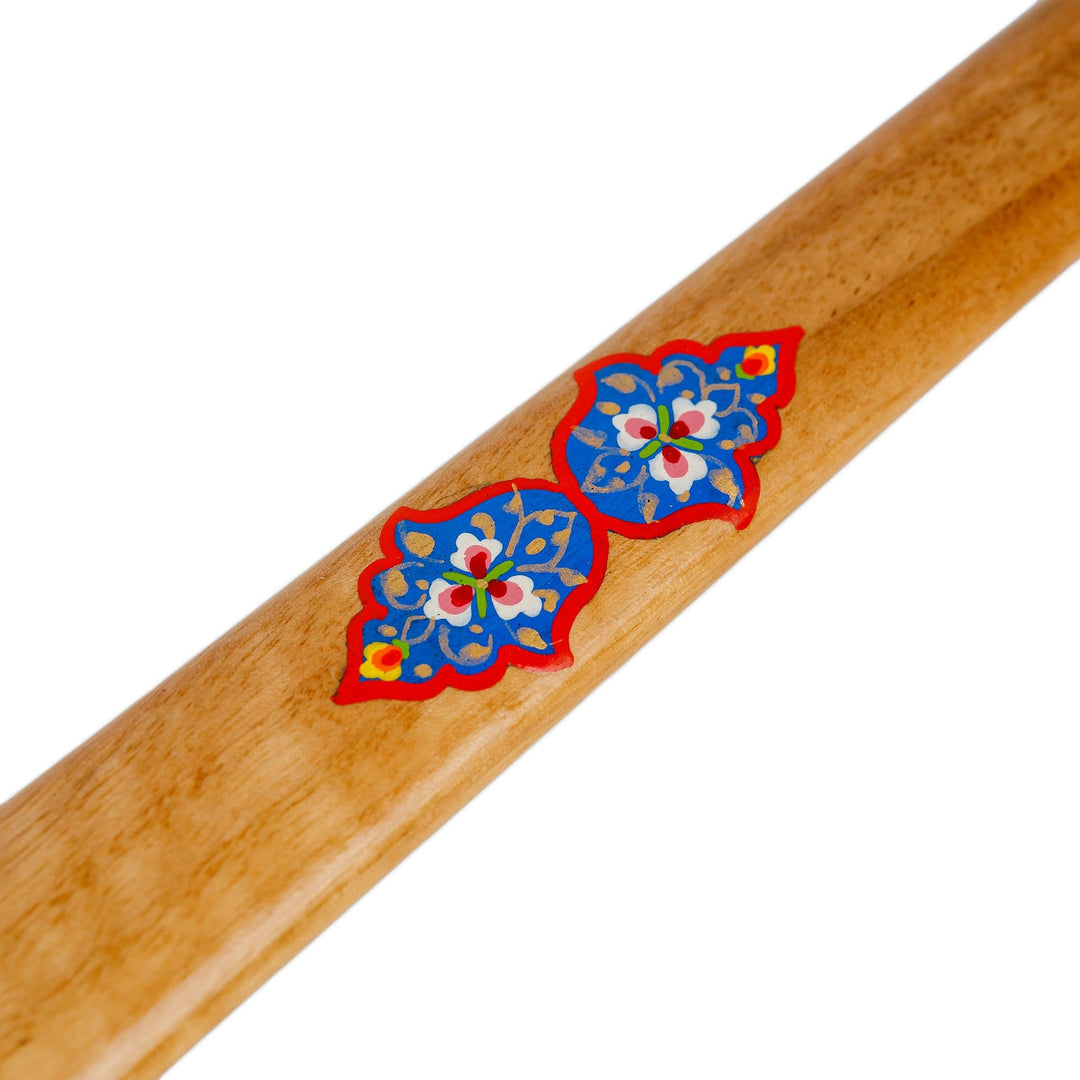 Handcrafted Walnut Wood Shoehorn with Blue and Red Details - Convenient Tradition