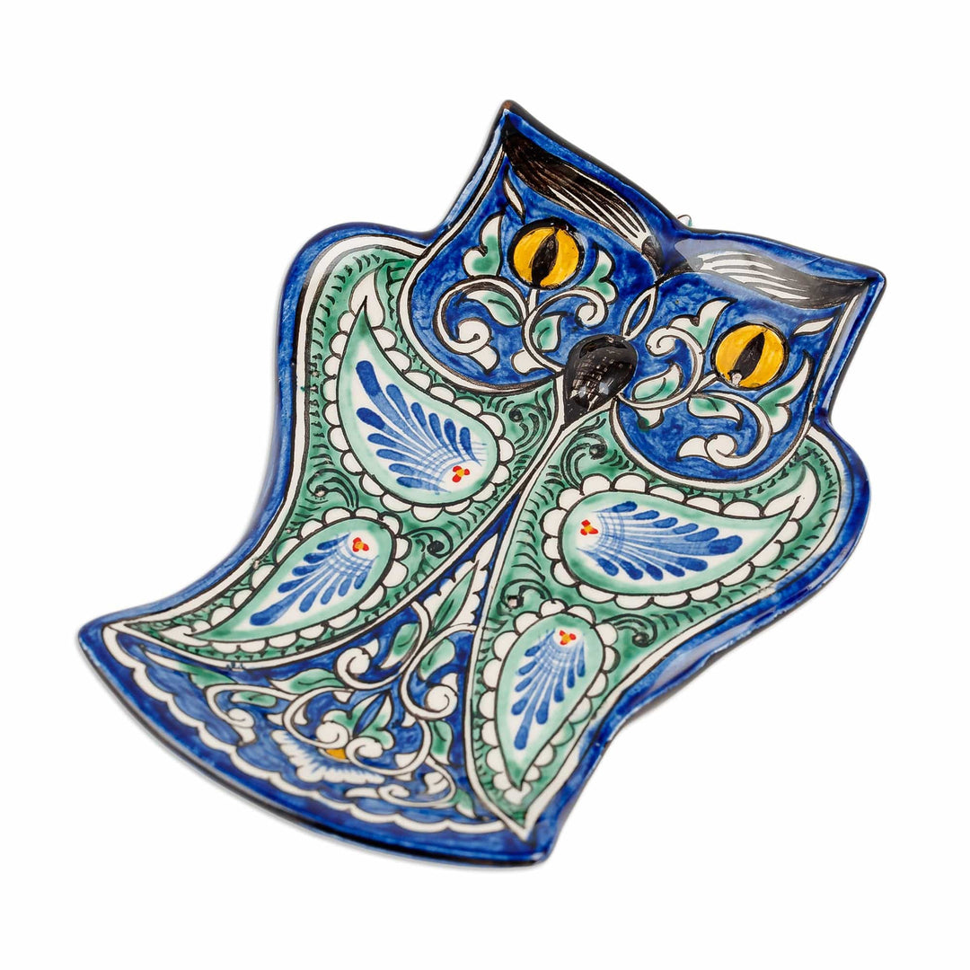 Owl-Themed Floral and Leafy Blue and Green Ceramic Wall Art - Owl's Imagination