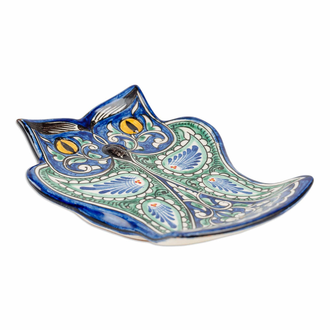Owl-Themed Floral and Leafy Blue and Green Ceramic Wall Art - Owl's Imagination