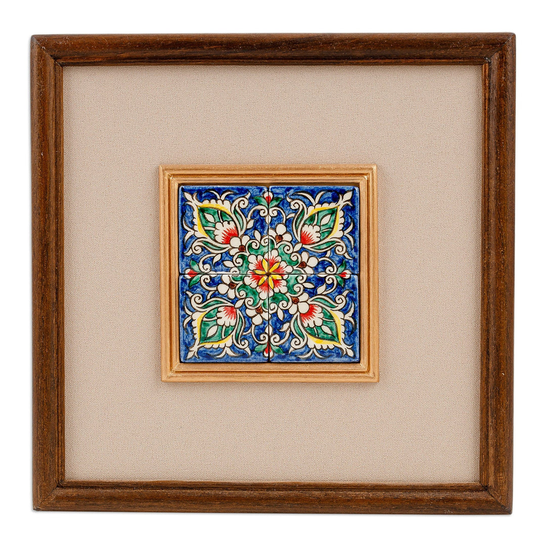 Framed Hand-Painted Ceramic Mosaic Floral and Leaf Wall Art - Uzbek Buds