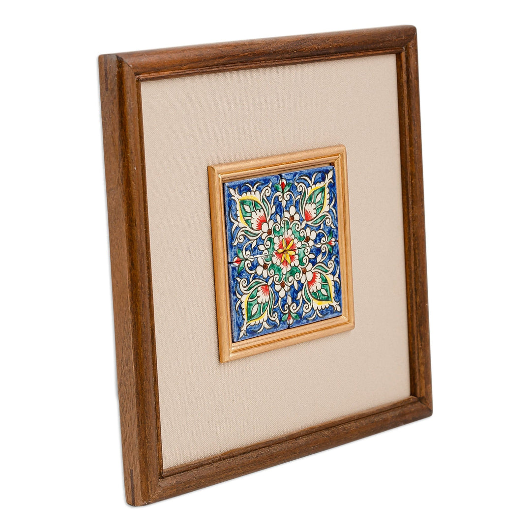 Framed Hand-Painted Ceramic Mosaic Floral and Leaf Wall Art - Uzbek Buds