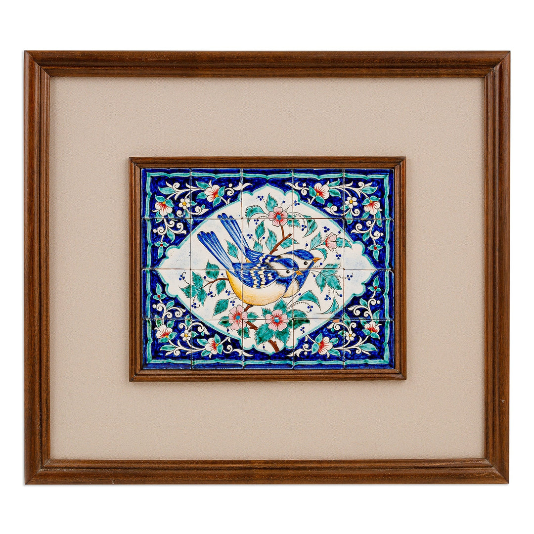 Bird and Floral Themed Hand-Painted Ceramic Mosaic Wall Art - Uzbek Flora and Fauna
