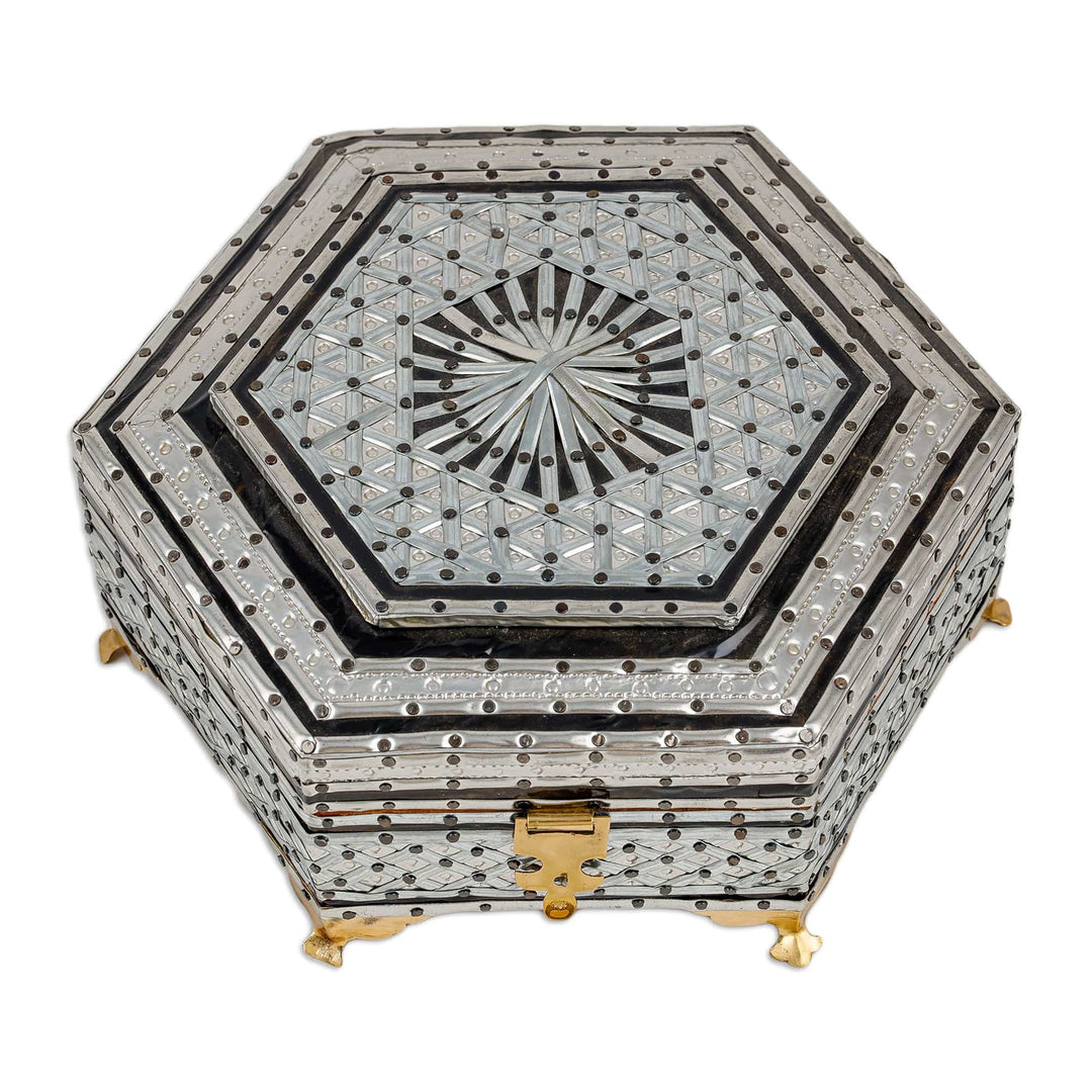 Handmade Wood Tin & Aluminum Jewelry Box with Brass Accents - Chic Hexagon