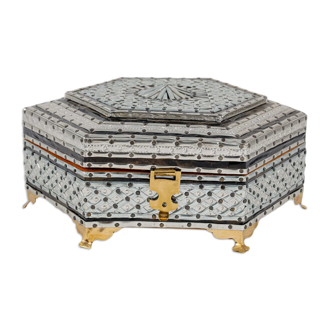 Handmade Wood Tin & Aluminum Jewelry Box with Brass Accents - Chic Hexagon