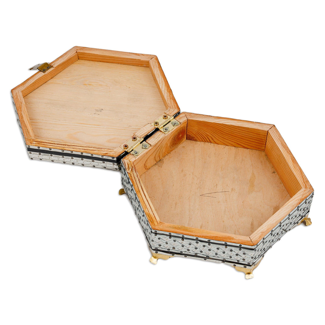 Handmade Wood Tin & Aluminum Jewelry Box with Brass Accents - Chic Hexagon