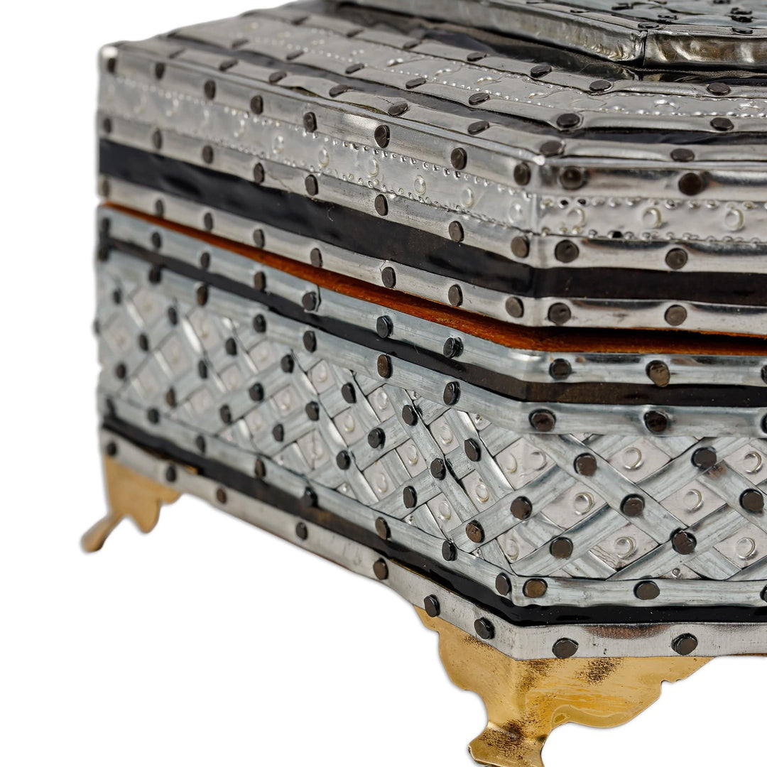 Handmade Wood Tin & Aluminum Jewelry Box with Brass Accents - Chic Hexagon