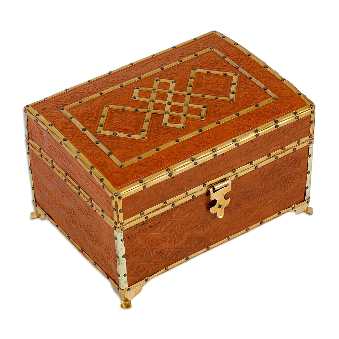 Wood Embossed Leather & Tin Jewelry Box with Brass Fixtures - Floral Geometry