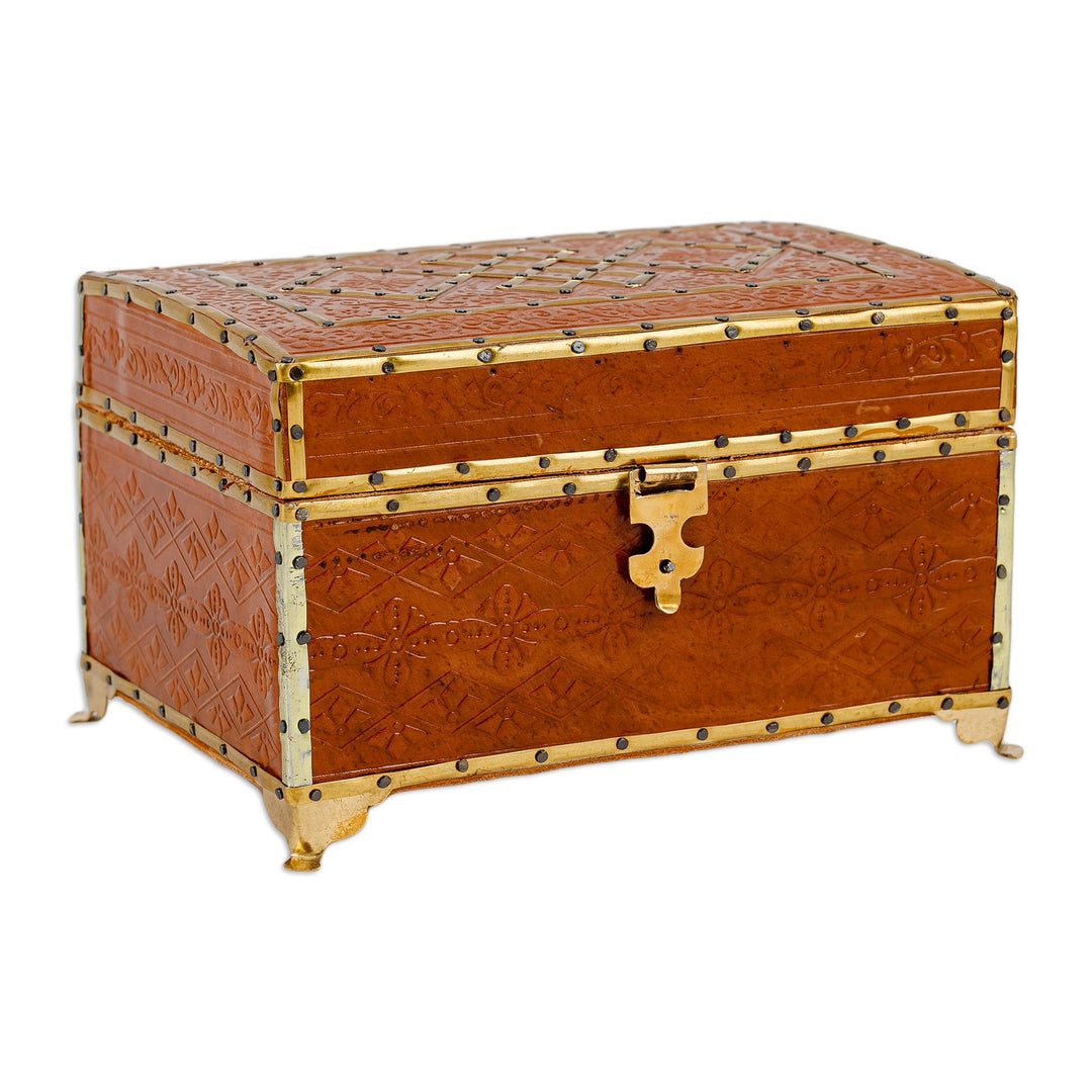 Wood Embossed Leather & Tin Jewelry Box with Brass Fixtures - Floral Geometry