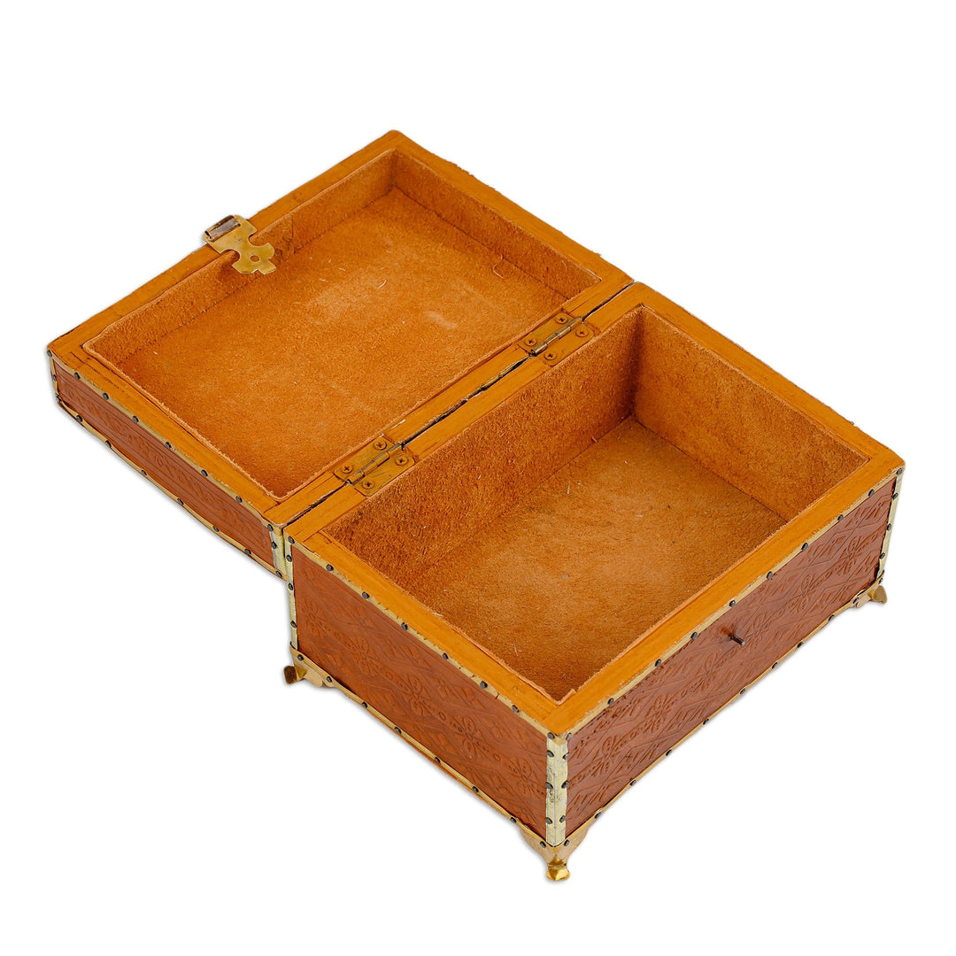 Wood Embossed Leather & Tin Jewelry Box with Brass Fixtures - Floral Geometry