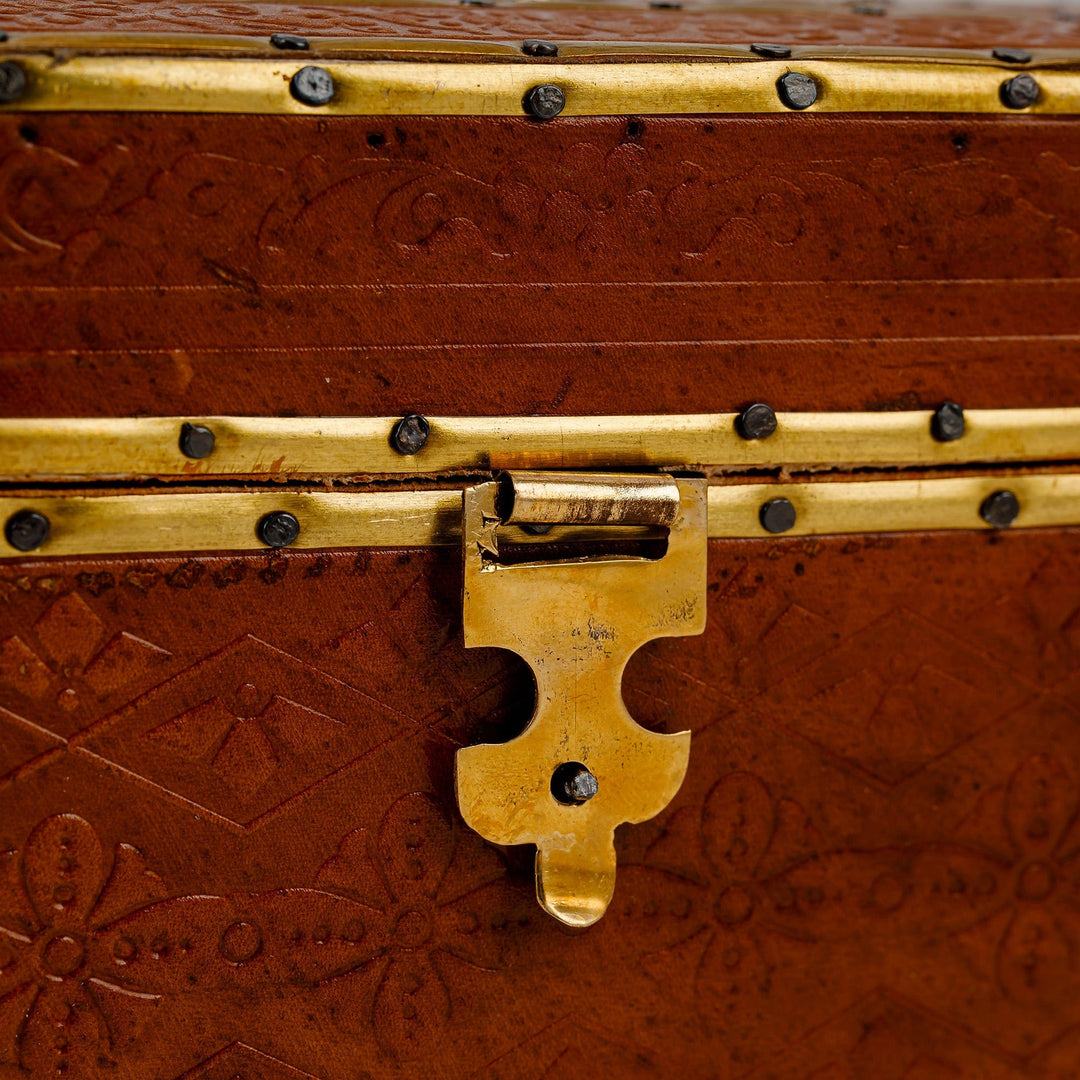 Wood Embossed Leather & Tin Jewelry Box with Brass Fixtures - Floral Geometry