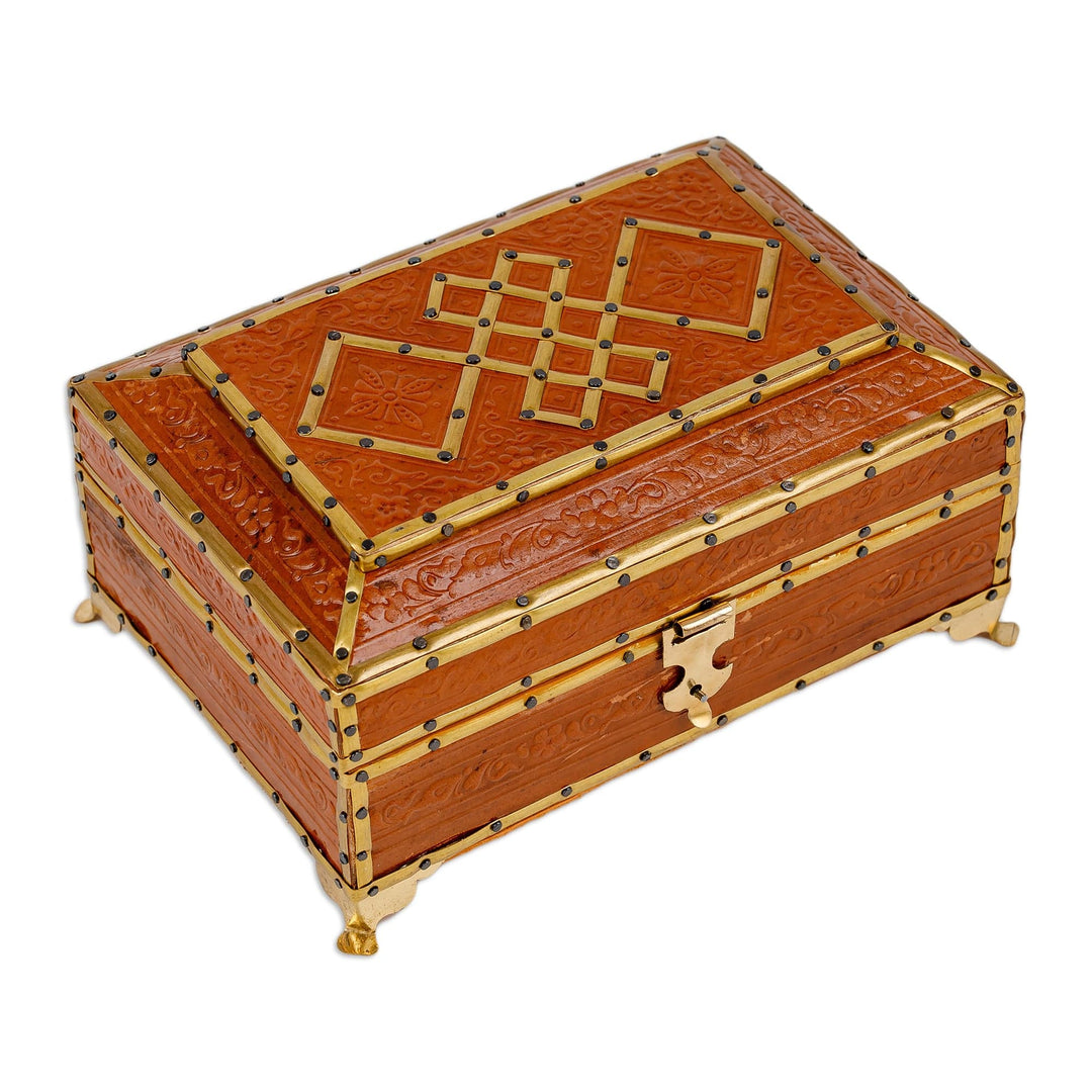 Handcrafted Wood Embossed Leather Tin & Brass Jewelry Box - Floral Rhombuses