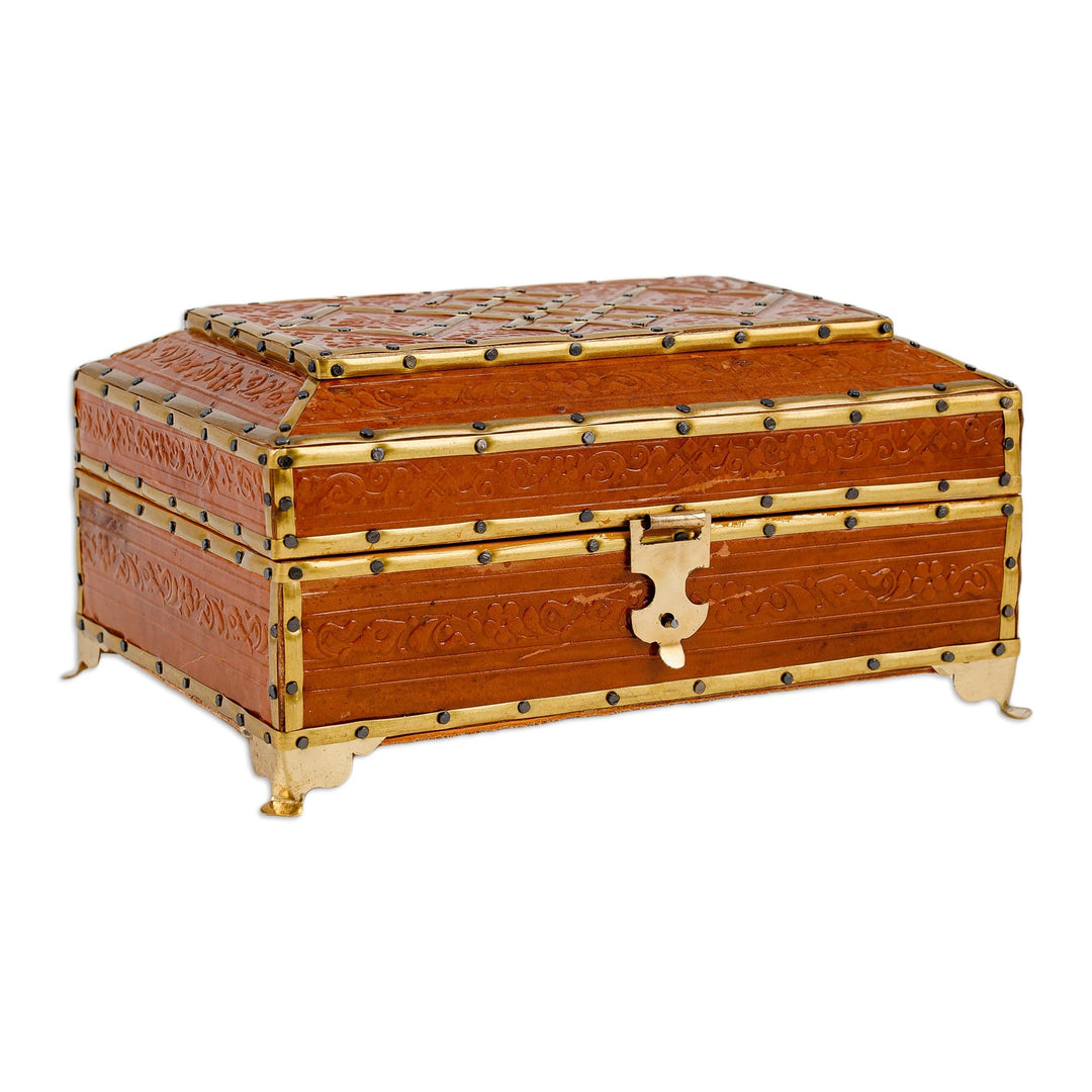 Handcrafted Wood Embossed Leather Tin & Brass Jewelry Box - Floral Rhombuses