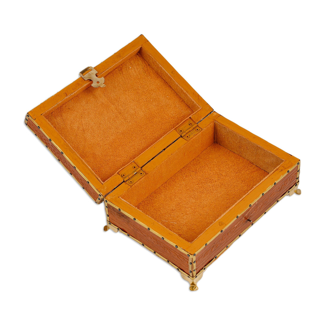 Handcrafted Wood Embossed Leather Tin & Brass Jewelry Box - Floral Rhombuses
