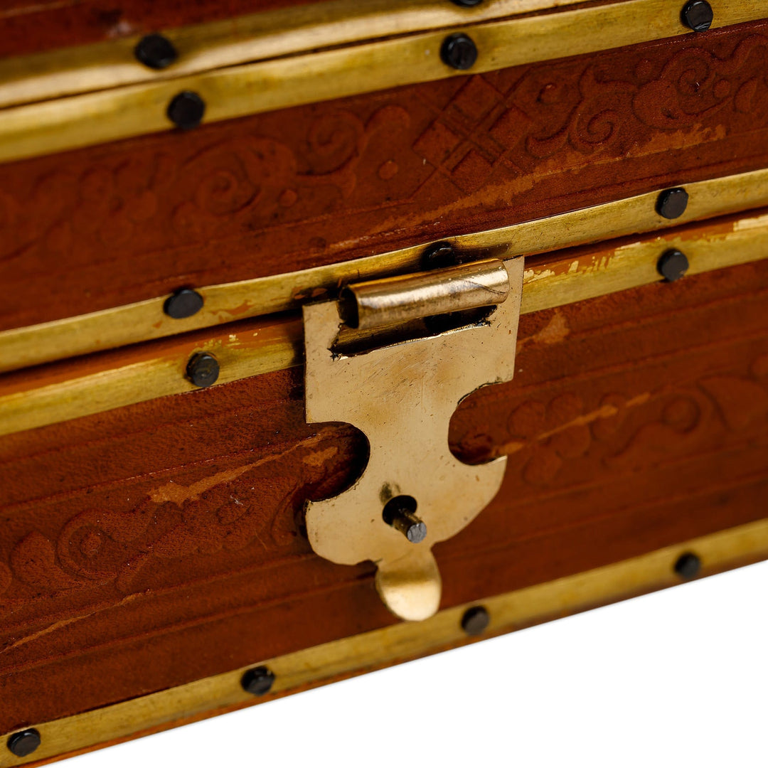 Handcrafted Wood Embossed Leather Tin & Brass Jewelry Box - Floral Rhombuses