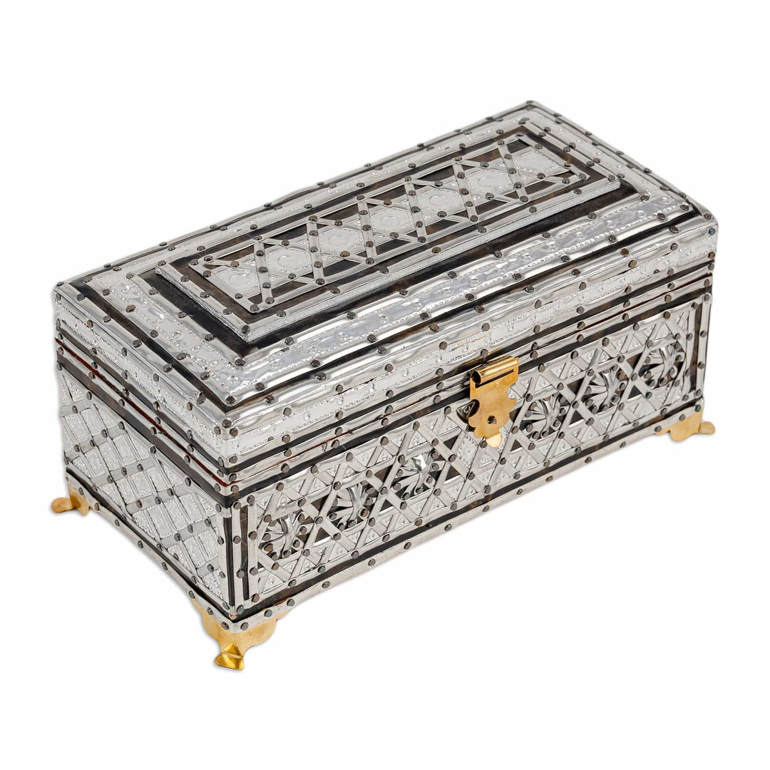 Rectangular Wood Jewelry Box with Tin Aluminum Brass Accents - Splendid Sandiq