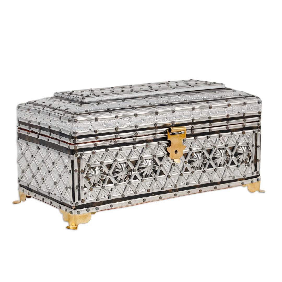 Rectangular Wood Jewelry Box with Tin Aluminum Brass Accents - Splendid Sandiq