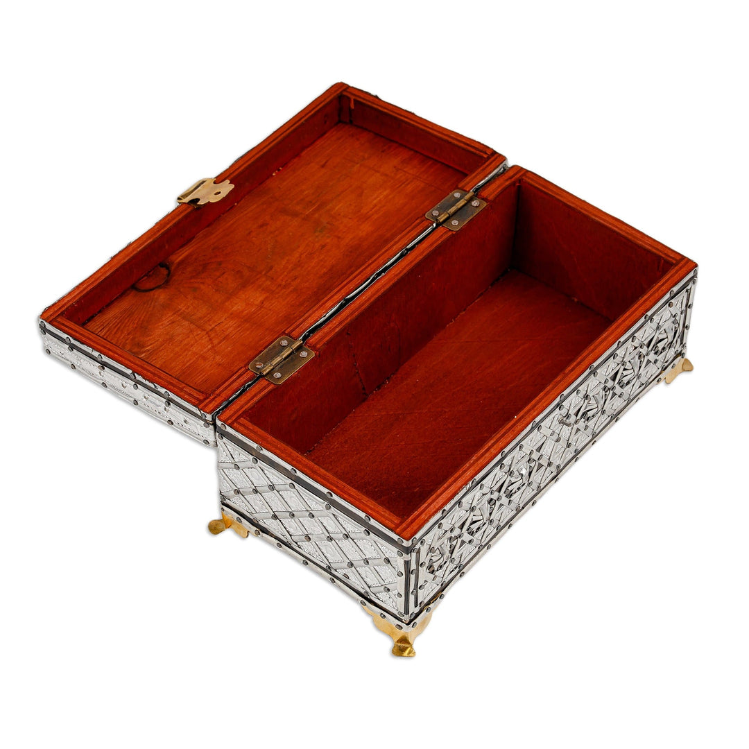 Rectangular Wood Jewelry Box with Tin Aluminum Brass Accents - Splendid Sandiq