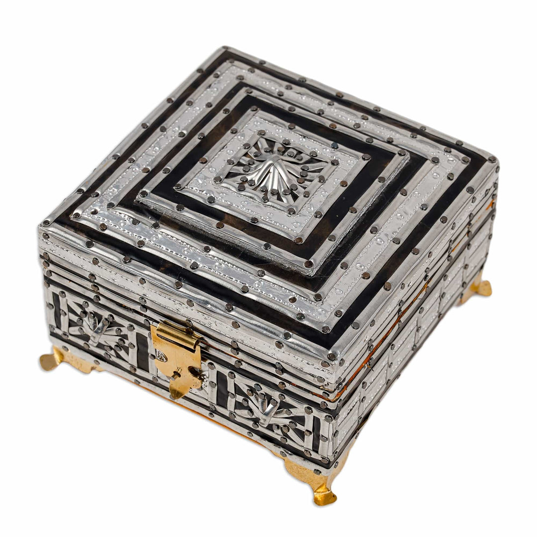 Handmade Square Wood Tin Aluminum and Brass Jewelry Box - Square Sandiq