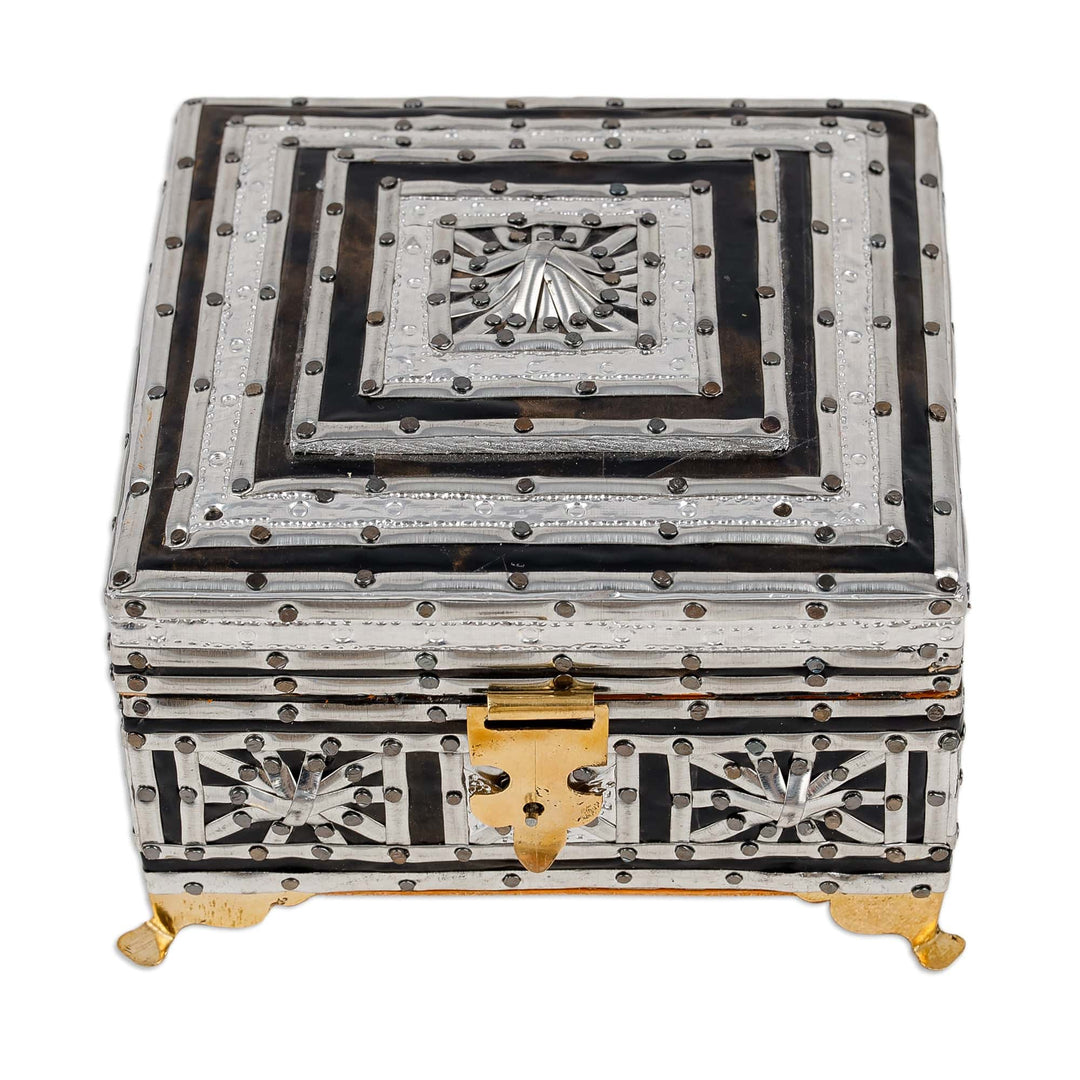 Handmade Square Wood Tin Aluminum and Brass Jewelry Box - Square Sandiq