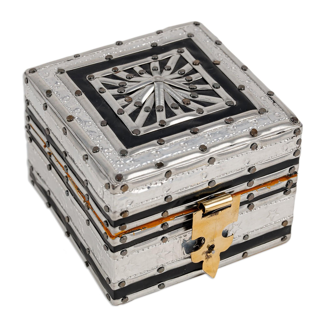 Square Wood Jewelry Box with Tin Aluminum and Brass Accents - Magical Square