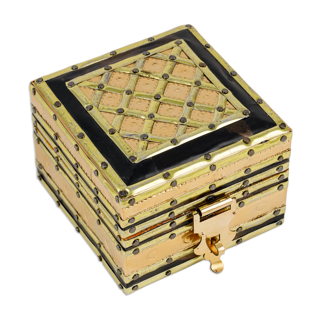 Handcrafted Wood Brass & Tin Jewelry Box with Leather Lining - Resplendent Square