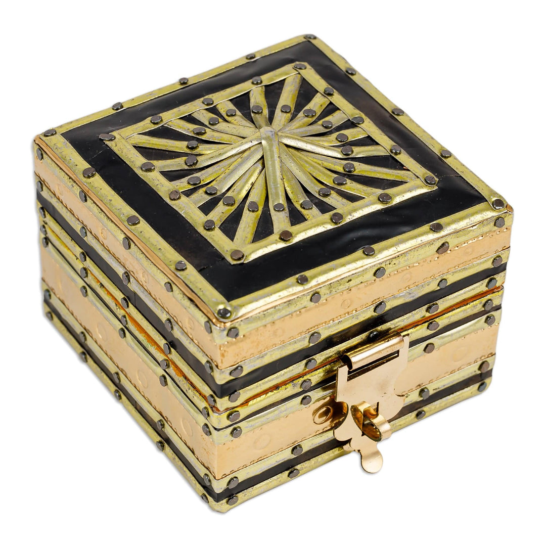 Handmade Leather-Lined Wood Brass and Tin Jewelry Box - Majestic Square