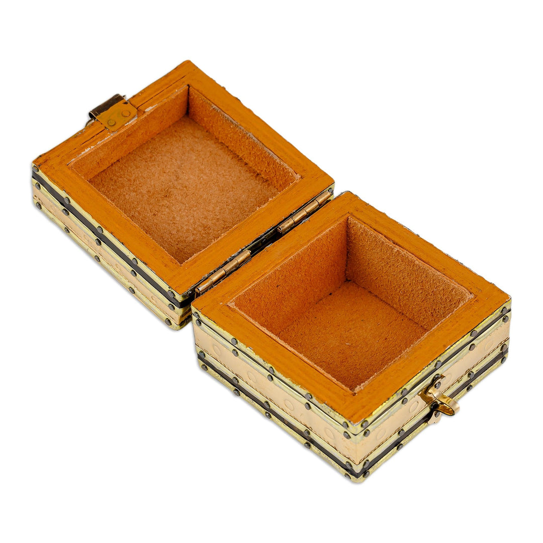 Handmade Leather-Lined Wood Brass and Tin Jewelry Box - Majestic Square