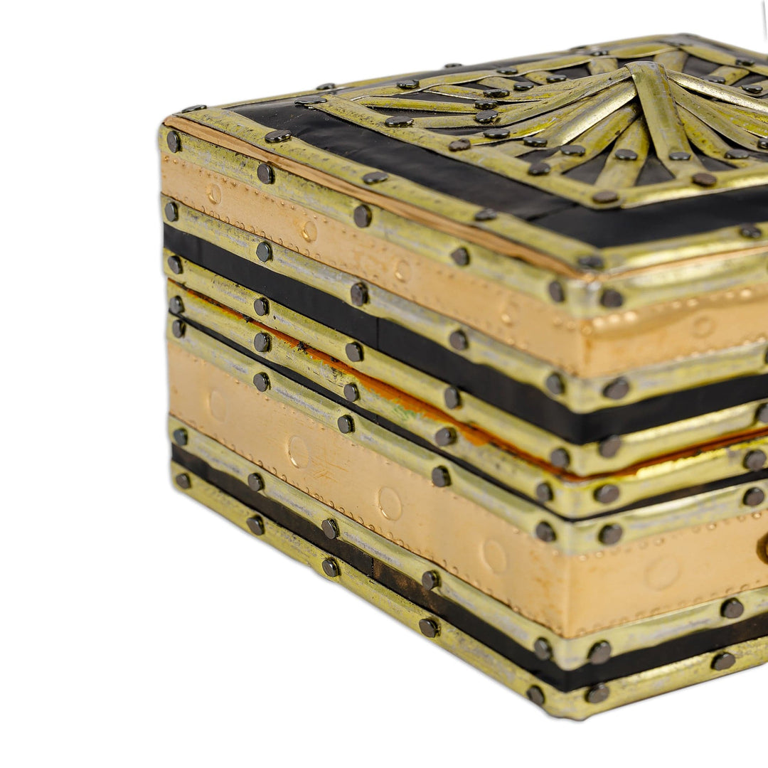 Handmade Leather-Lined Wood Brass and Tin Jewelry Box - Majestic Square