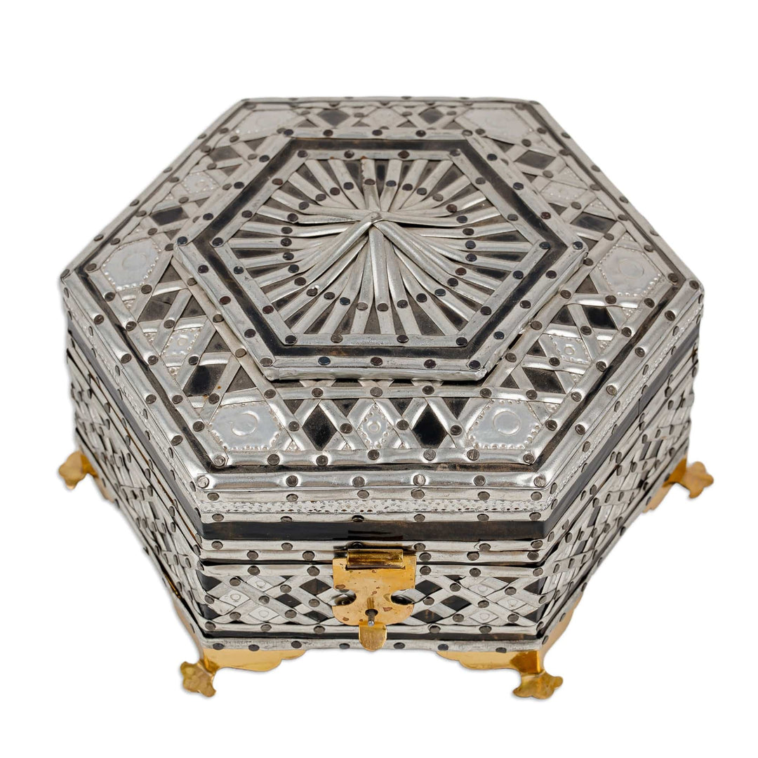 Handcrafted Wood Jewelry Box with Tin Aluminum Brass Accents - Fabulous Hexagon