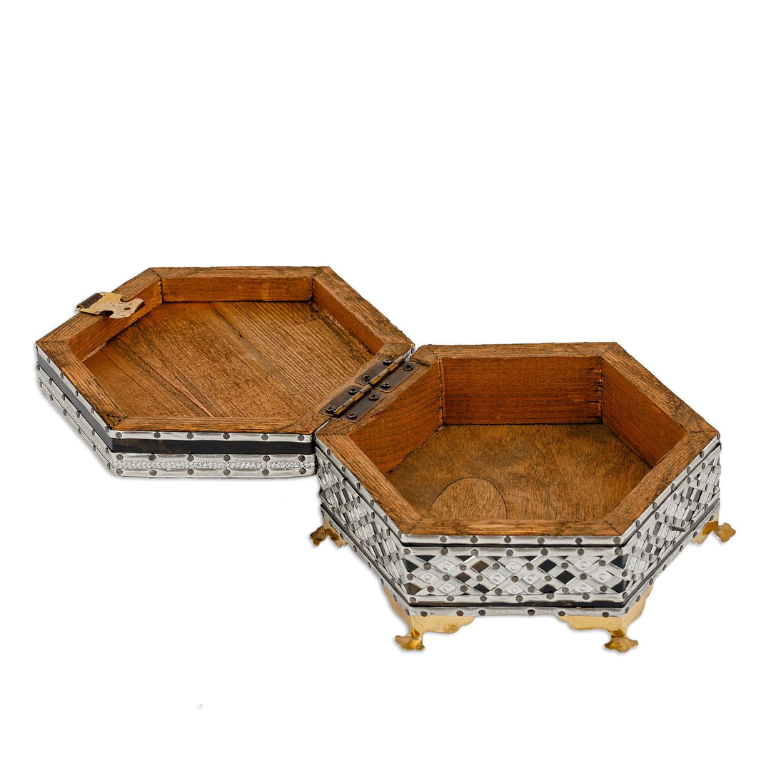 Handcrafted Wood Jewelry Box with Tin Aluminum Brass Accents - Fabulous Hexagon