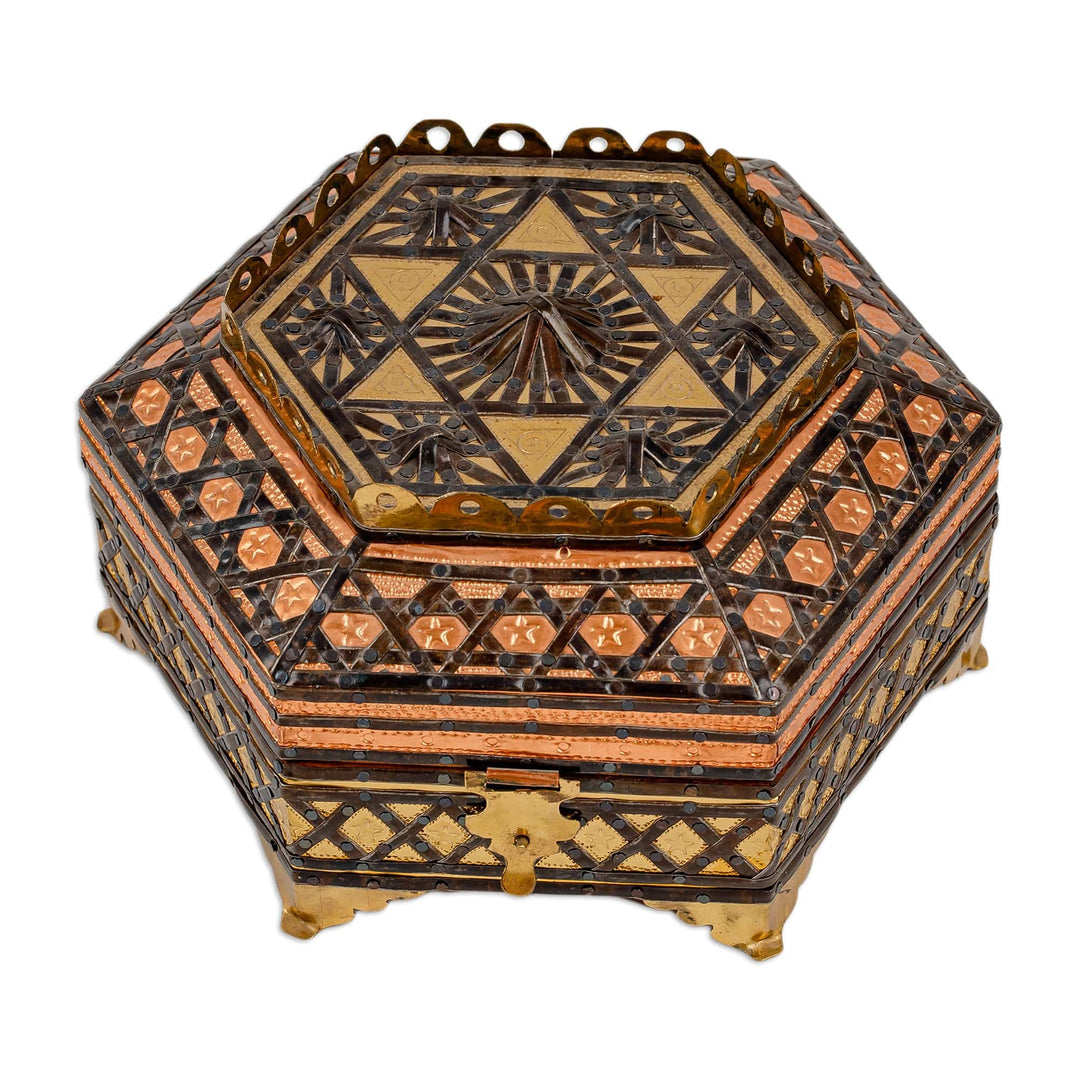 Handmade Wood Jewelry Box with Tin Aluminum & Brass Accents - Exquisite Hexagon