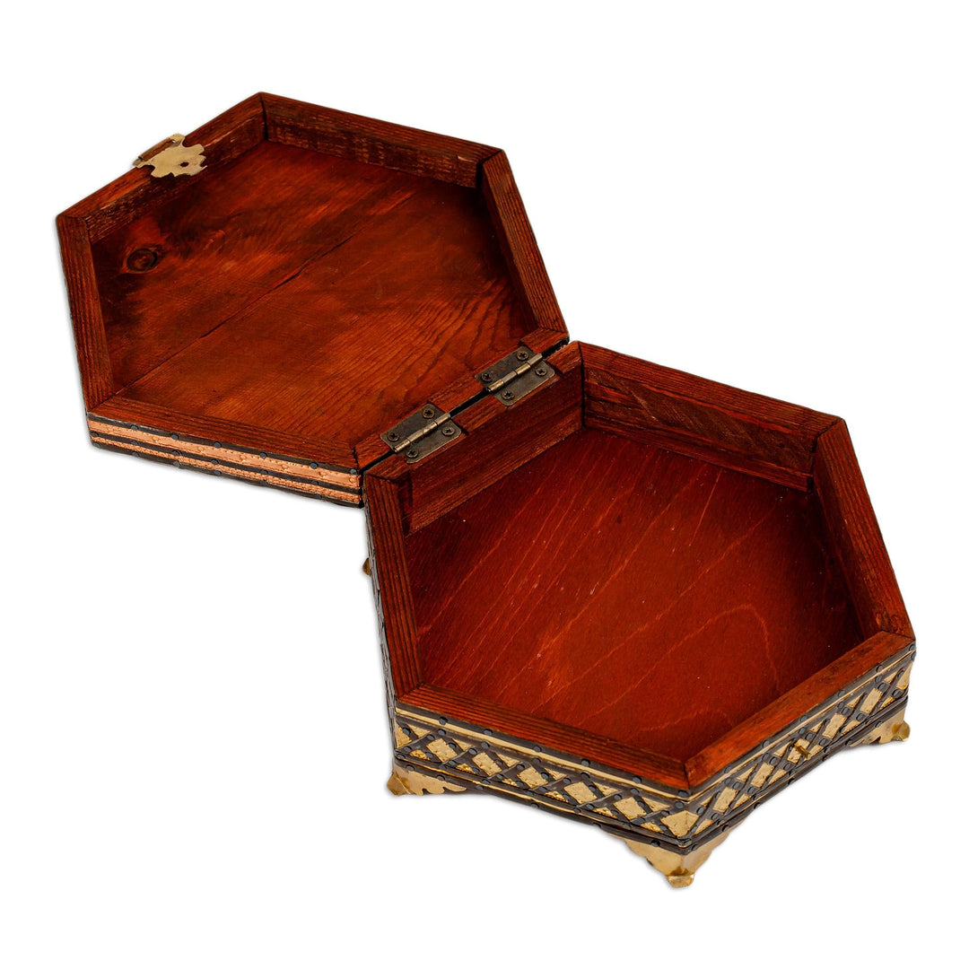 Handmade Wood Jewelry Box with Tin Aluminum & Brass Accents - Exquisite Hexagon