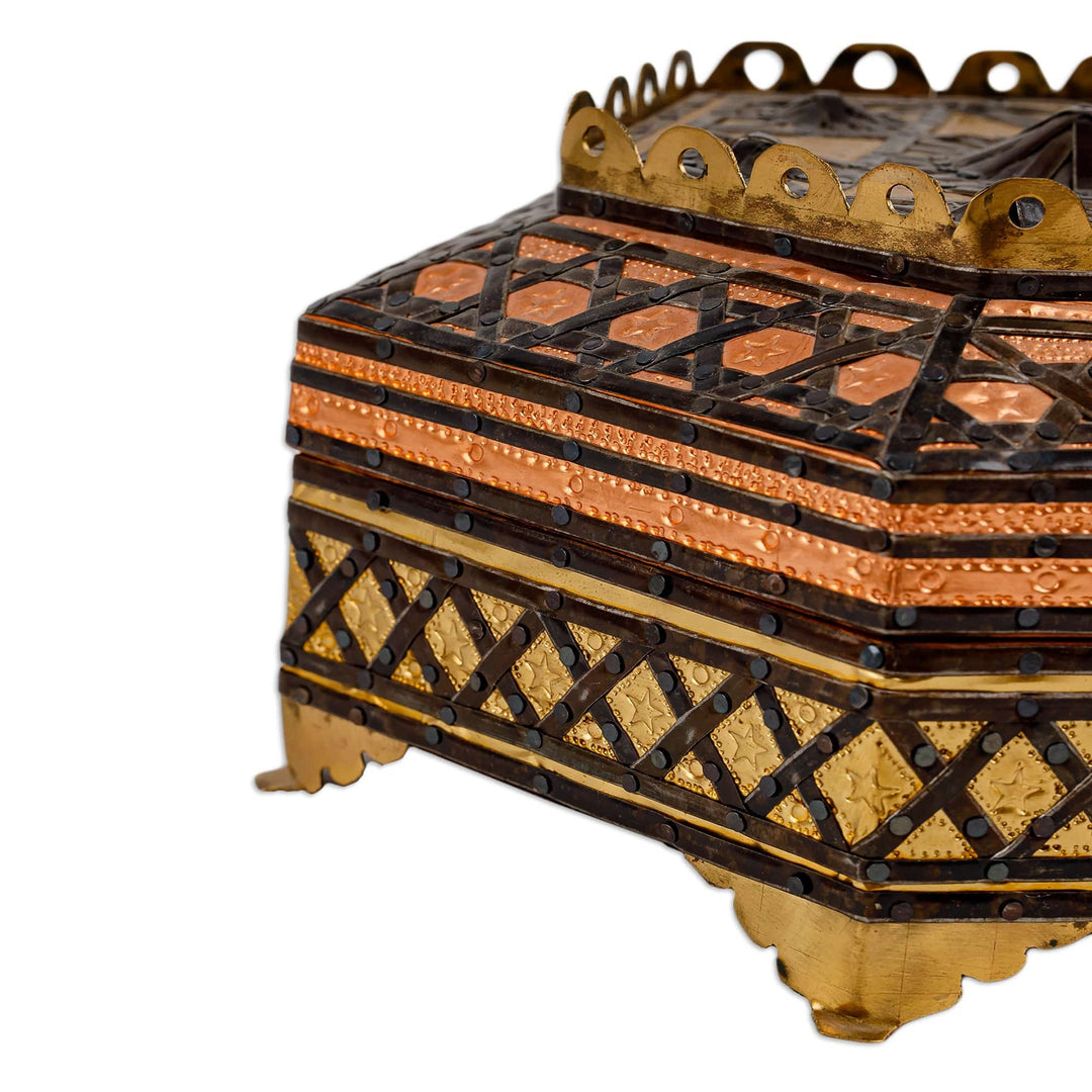 Handmade Wood Jewelry Box with Tin Aluminum & Brass Accents - Exquisite Hexagon