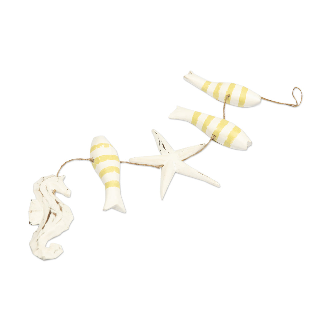 Handmade Marine-Themed White and Yellow Albesia Wood Mobile - Aquatic Realm in Yellow