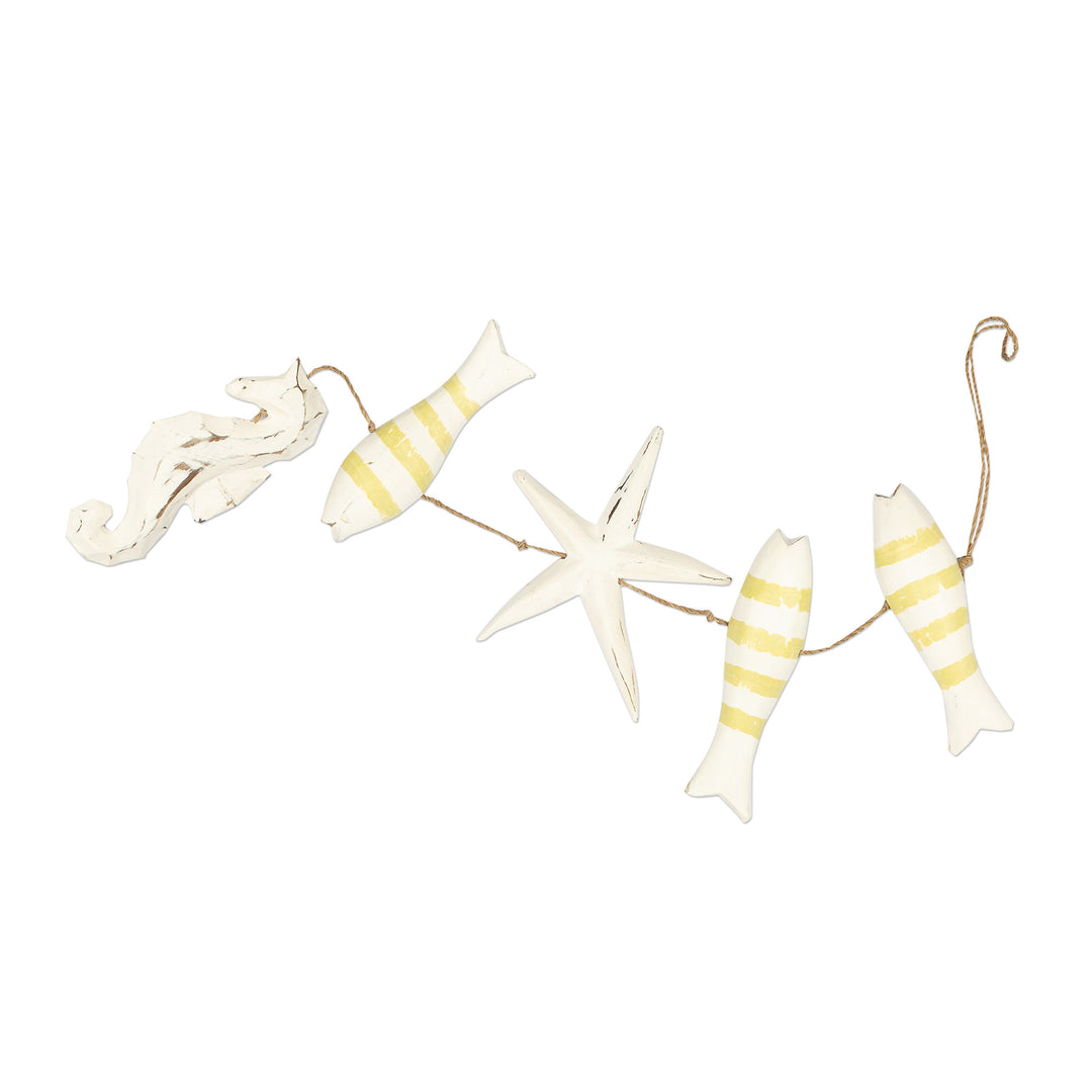 Handmade Marine-Themed White and Yellow Albesia Wood Mobile - Aquatic Realm in Yellow