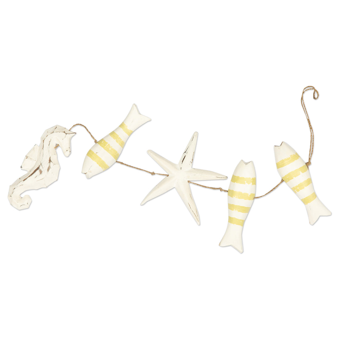 Handmade Marine-Themed White and Yellow Albesia Wood Mobile - Aquatic Realm in Yellow