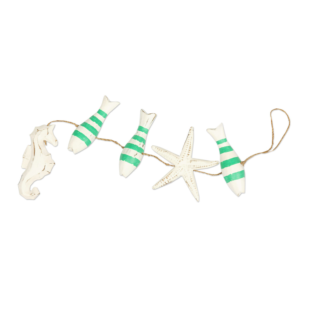 Handmade Marine-Themed White and Green Albesia Wood Mobile - Aquatic Realm in Green