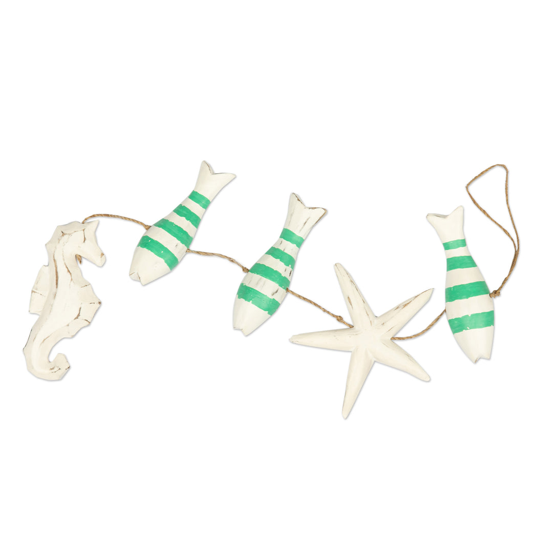Handmade Marine-Themed White and Green Albesia Wood Mobile - Aquatic Realm in Green